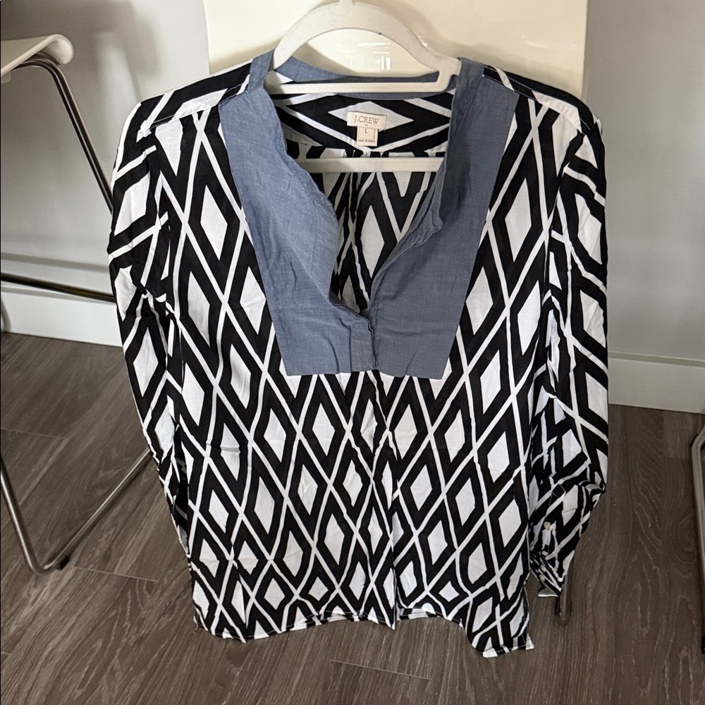 J. Crew Factory Black & White Geometric Long Popover Tunic Top with Blue Accent